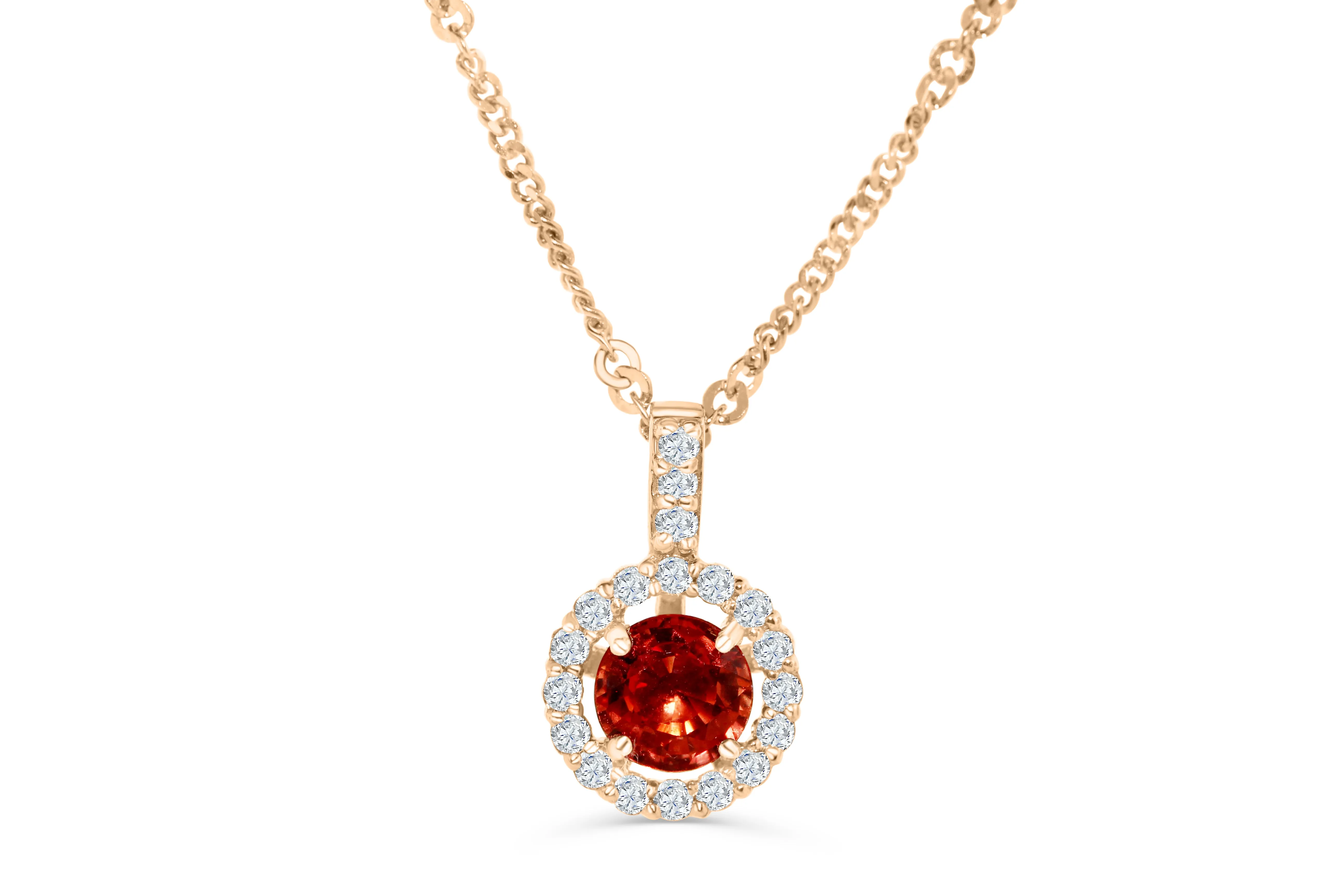 0.82 CT Pave Halo Round Cut Orange Sapphire Diamond Pendant 0.21 CT TW 14K Rose Gold OSPEN007