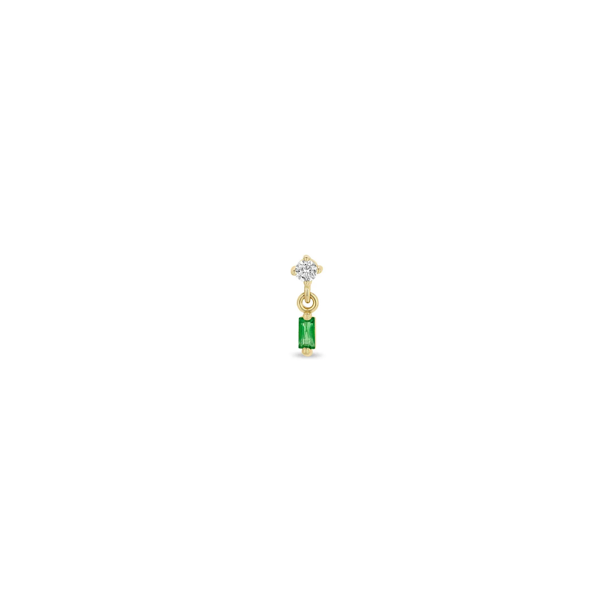 14k Linked Round Diamond & Baguette Emerald Drop Earrings