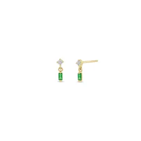 14k Linked Round Diamond & Baguette Emerald Drop Earrings