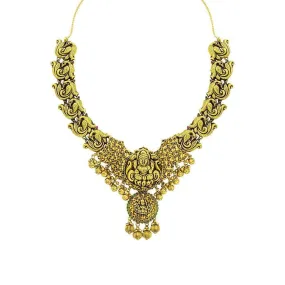 22K Yellow Gold Antique Temple Necklace W/ Ruby, Emerald & Laxmi Pendant on Carved Peacock Strand