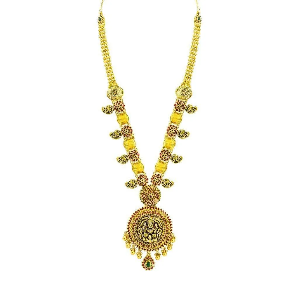 22K Yellow Gold Necklace & Earring set W/ Ruby, Emerald, Laxmi Pendant & Gold Ball Accents