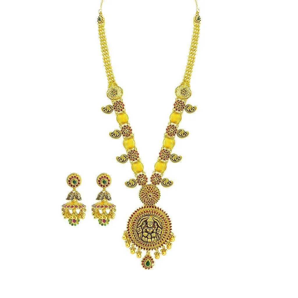 22K Yellow Gold Necklace & Earring set W/ Ruby, Emerald, Laxmi Pendant & Gold Ball Accents