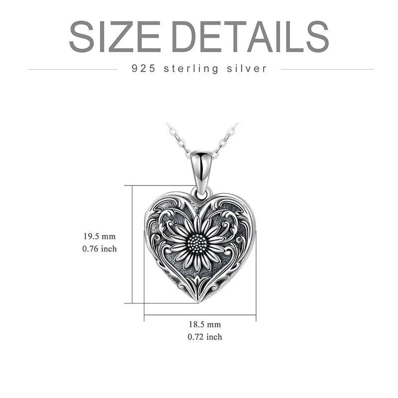 925 Sterling Silver Sunflower Locket Necklace Photo Picture Locket Necklace Heart-shaped Locket Necklace for Women