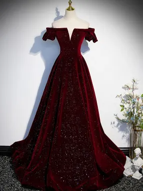 A-Line Velvet Burgundy Long Prom Dress, Burgundy Velvet  Long Formal Dress