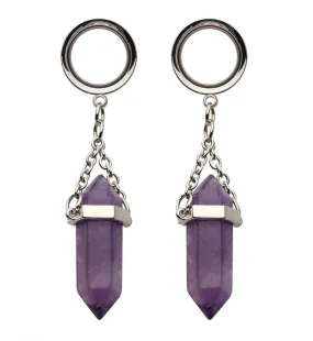 Amethyst Crystal Dangle Stainless Steel Tunnel Plugs