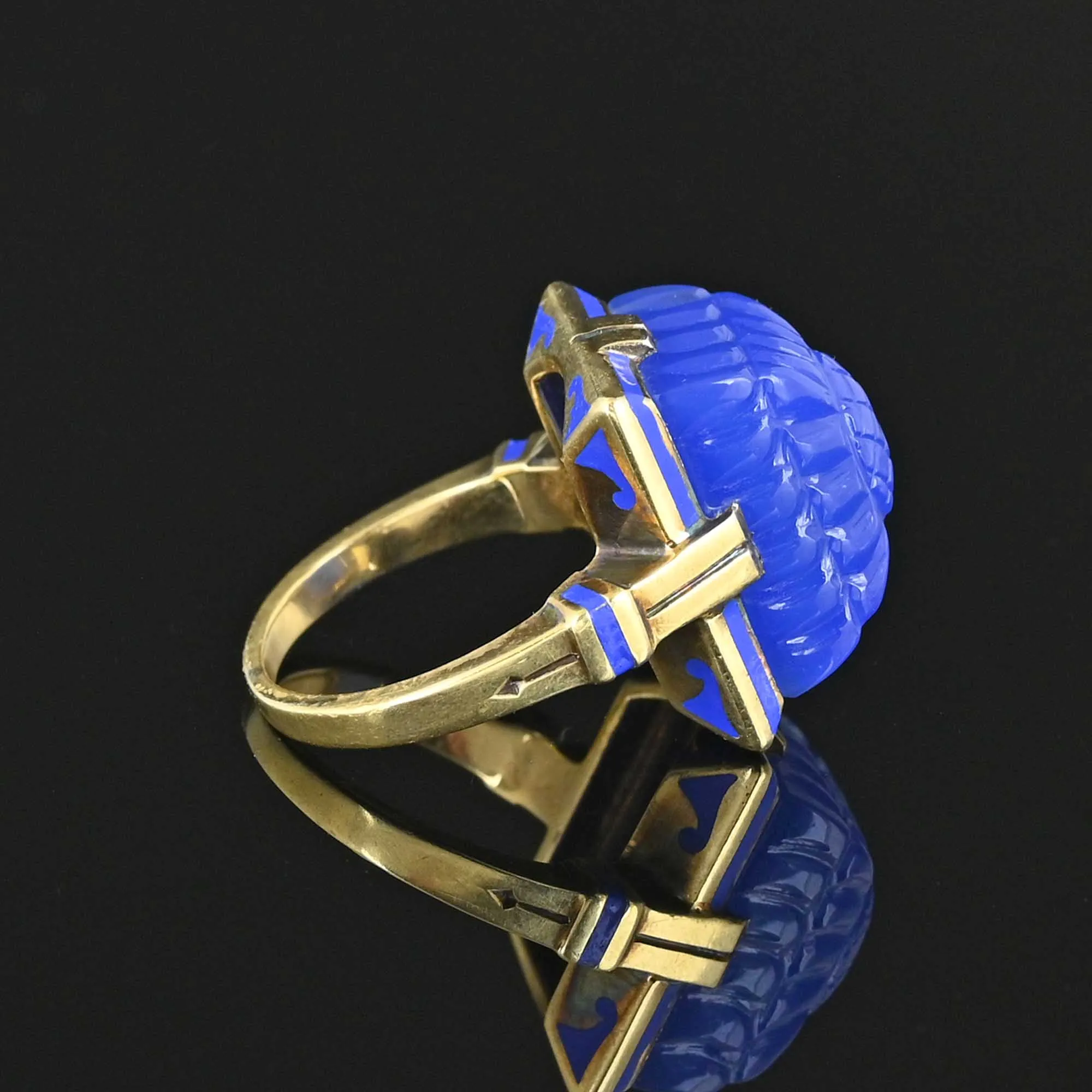 Art Deco Blue Enamel Sugarloaf Chalcedony Ring in 14K Gold