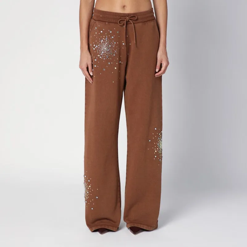 Brown Cotton Trousers With Crystals