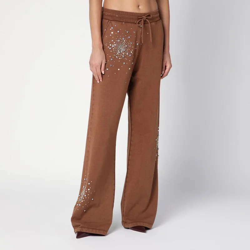 Brown Cotton Trousers With Crystals