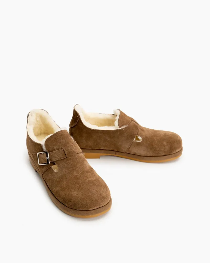 Buckle Decor Leather Fuzzy Flat Loafers