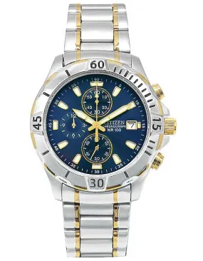 Citizen Quartz Mens Two-Tone Chronograph - Blue Dial - Bracelet - Date Display