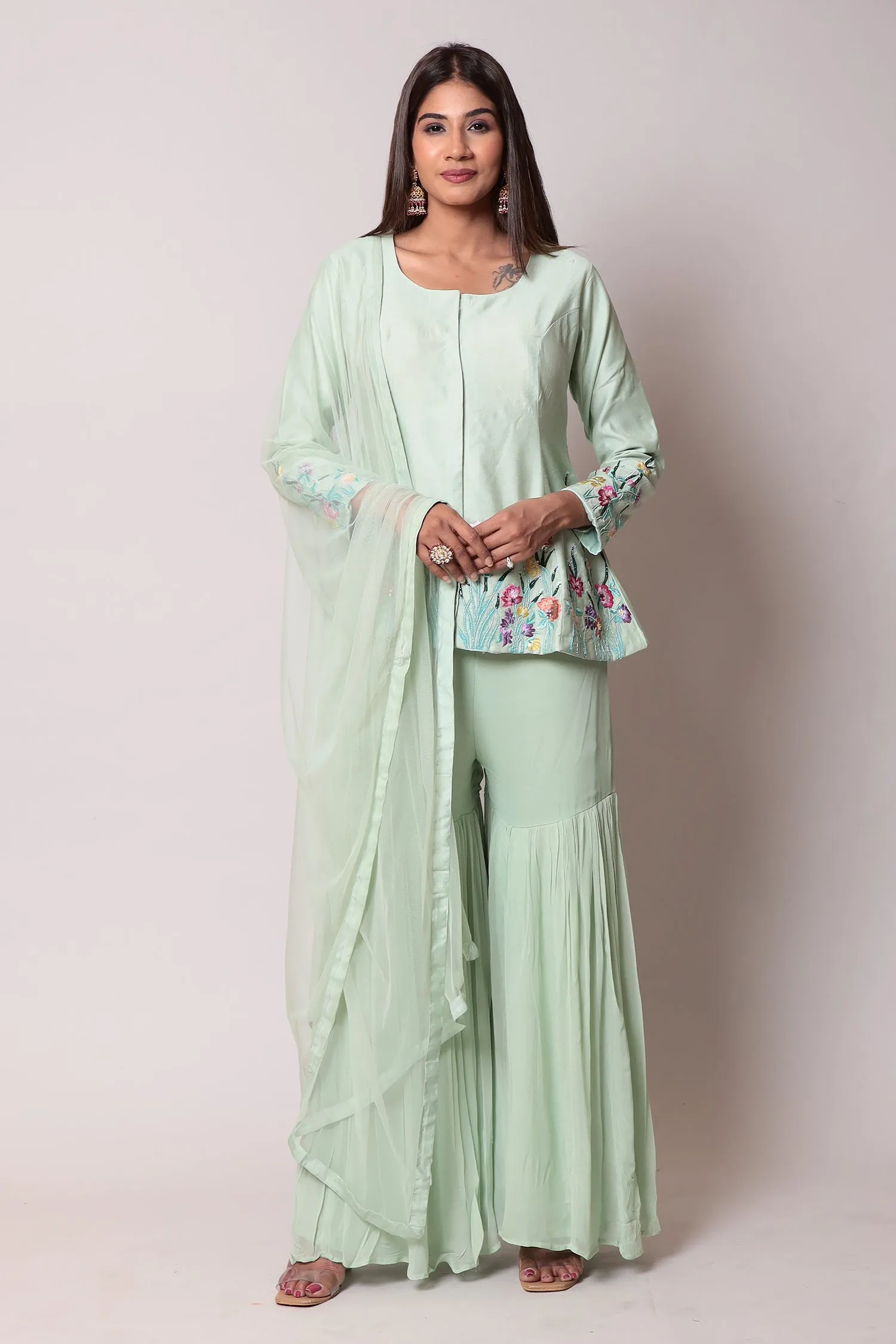 Cotton Silk Indo Western Peplum Kurta with Sharara