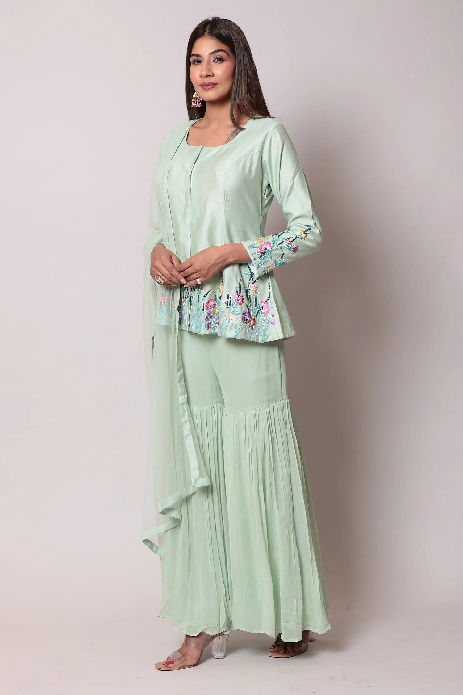 Cotton Silk Indo Western Peplum Kurta with Sharara