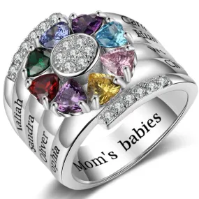 Custom 8 Heart Birthstones Mother's Ring 8 Personalized Engraved Names