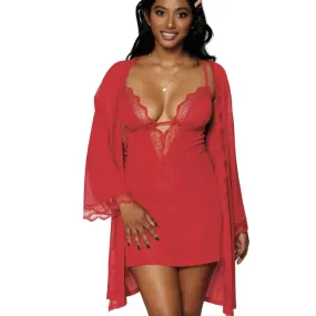 Dreamgirl Stretch Mesh Chemise & Robe Set in Red 12239