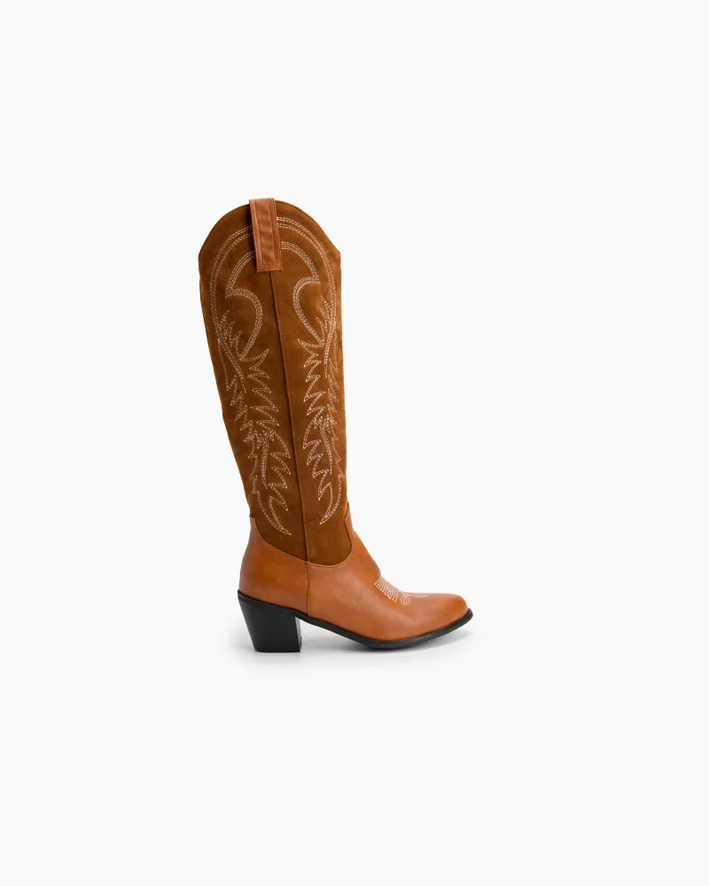 Embroidered Chunky Stacked Heel Mid Calf Knee High Western Boots