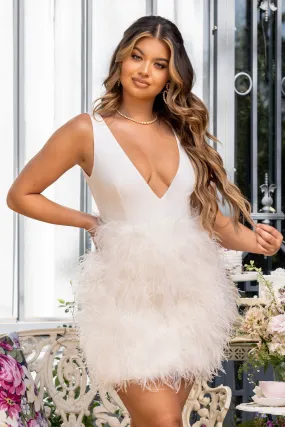 Flirt | White Plunge Front Mini Dress With Feather Skirt