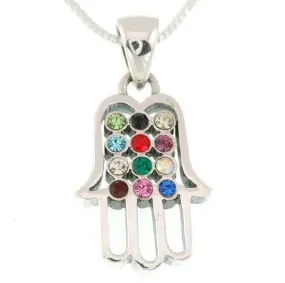 Hamsa Silver Pendant With Hushen Gemstones   925 Sterling Silver Chain #60