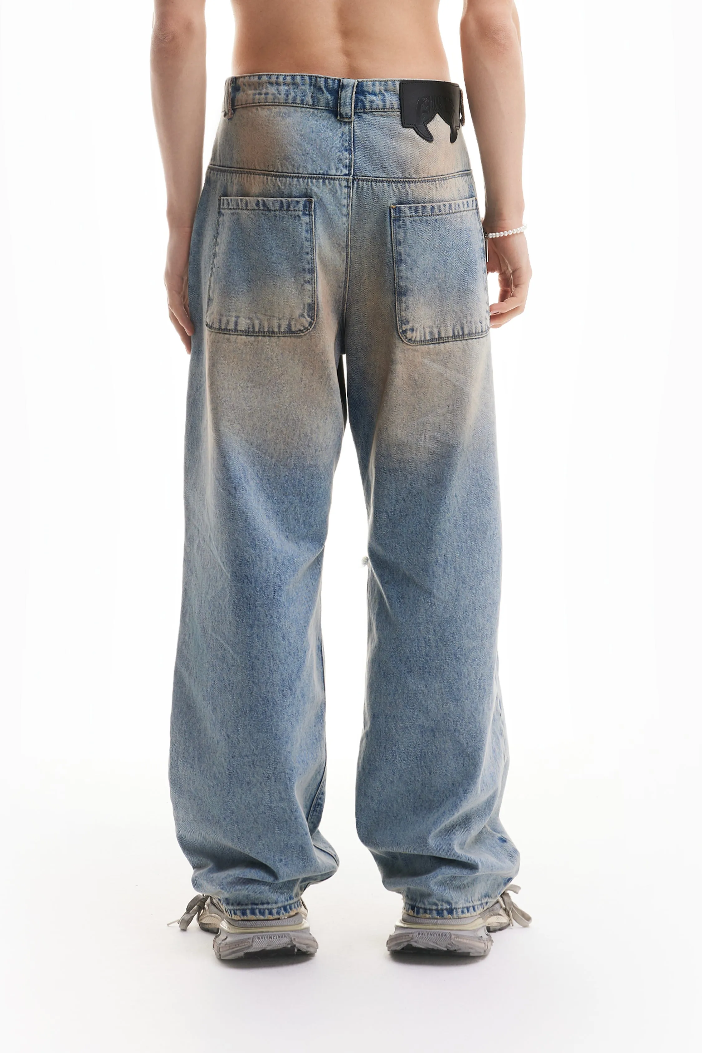 HEAVY BAGGY DISTRESSED DENIM  SAND WASHED DIRT WASH