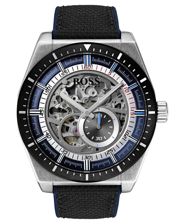 Hugo Boss Mens Signature Skeleton Dial Watch - Stainless Steel - Leather Strap