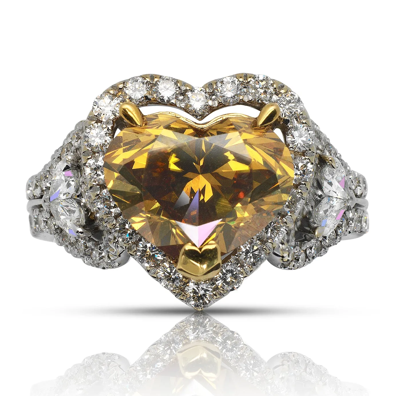 INDY 4 CARAT HALO HEART SHAPE  FANCY DEEP ORANGY YELLOW DIAMOND ENGAGEMENT RING 18K WHITE GOLD BY MIKE NEKTA