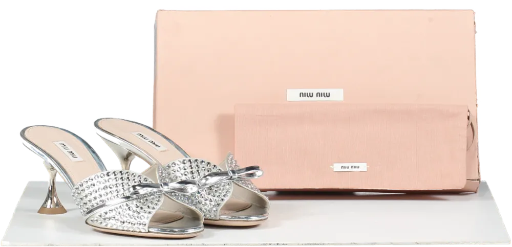 Miu Miu Metallic Crystal-embellished Bow Metallic-leather Mules BNIB UK 5 EU 38 👠