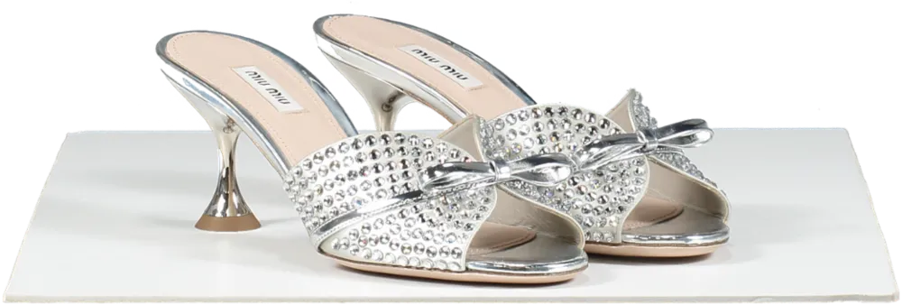 Miu Miu Metallic Crystal-embellished Bow Metallic-leather Mules BNIB UK 5 EU 38 👠