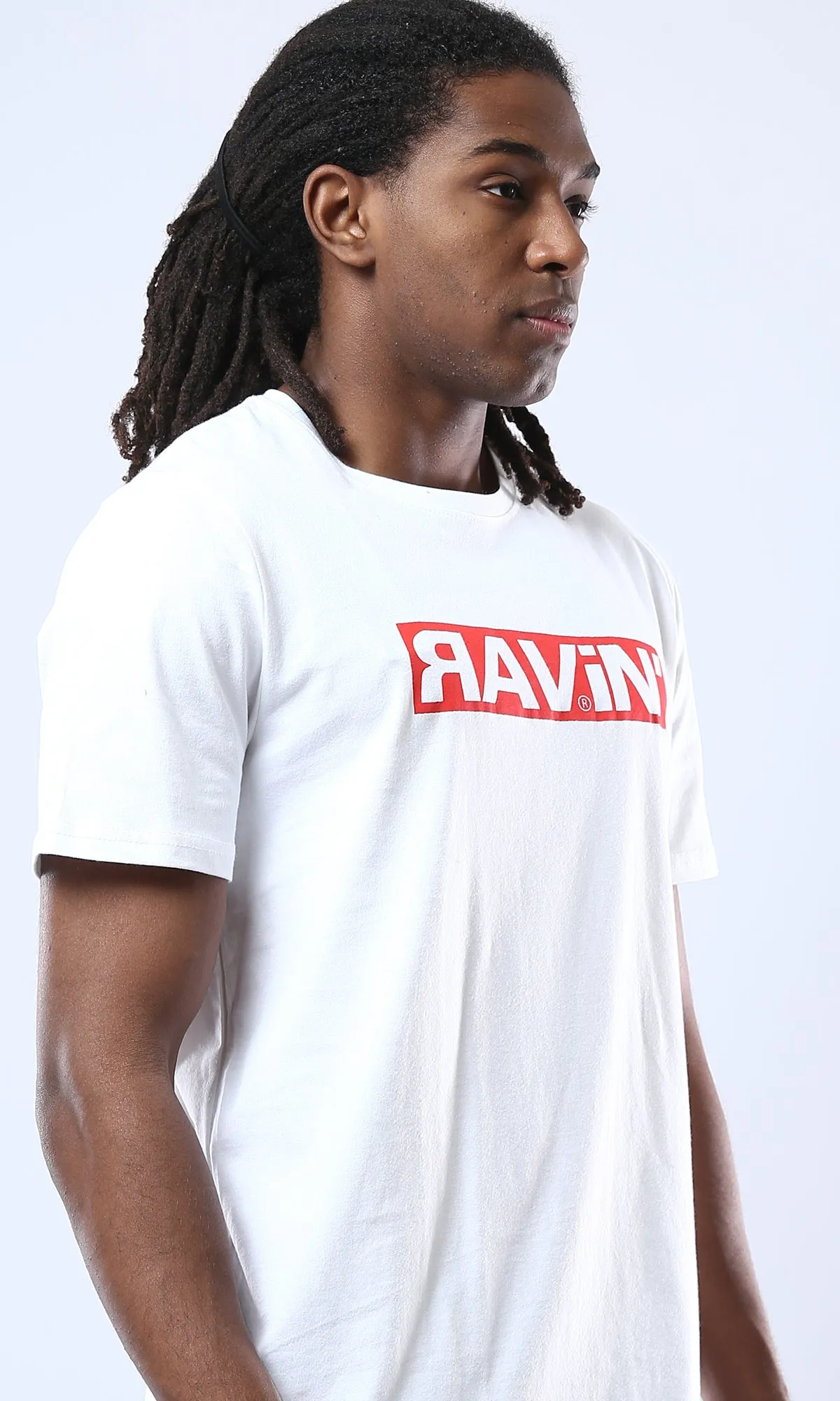 O178031 Round Neck Printed Ravin White Cotton Tee