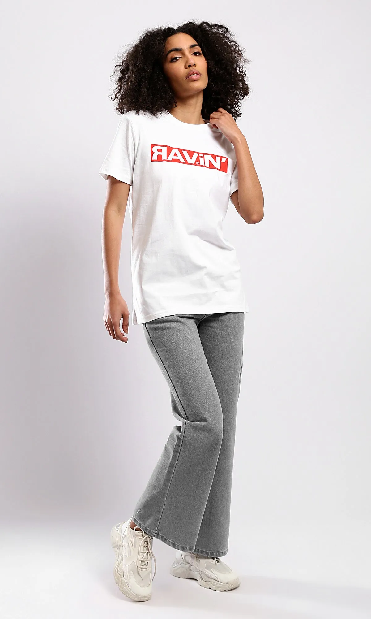 O178031 Round Neck Printed Ravin White Cotton Tee