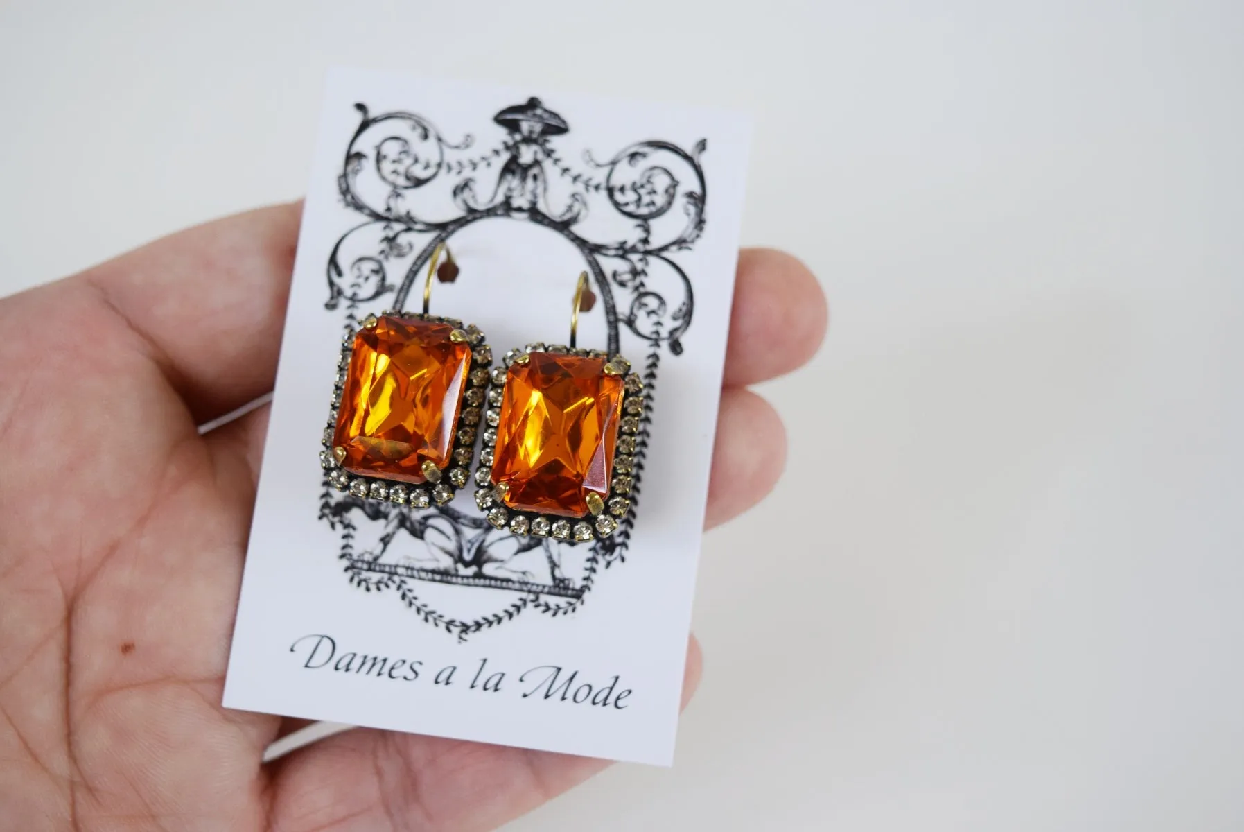 Orange Topaz Halo Crystal Earrings - Large Octagon