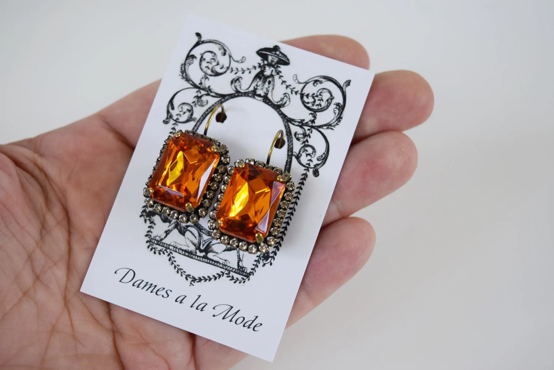 Orange Topaz Halo Crystal Earrings - Large Octagon