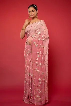 Pink Pure Chiffon Aari sequins Jaal work Saree