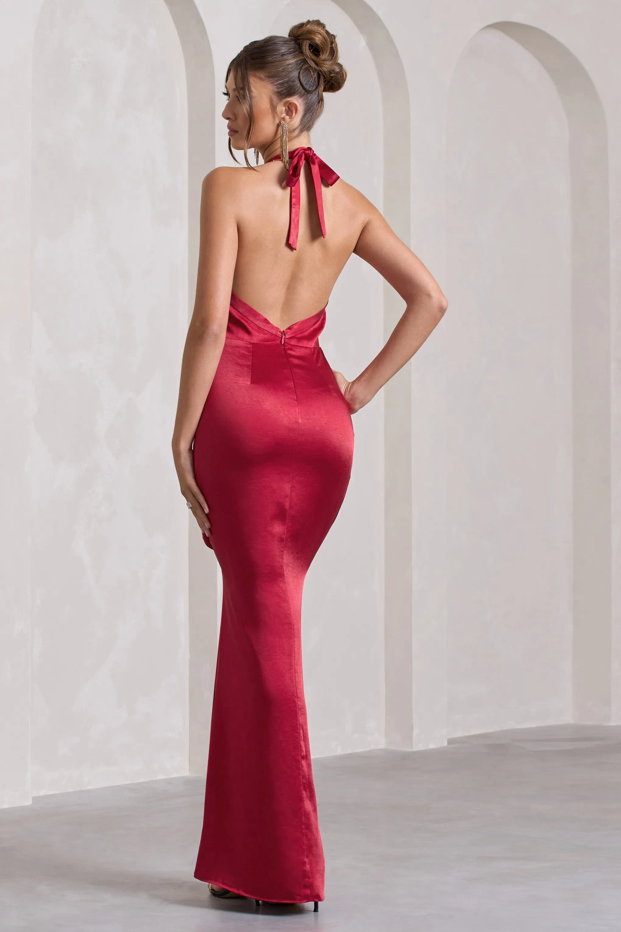 Rebecca | Red Satin Plunge Halter-Neck Open-Back Split Maxi Dress