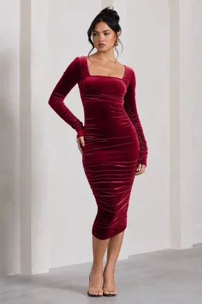 Seductress | Berry Velvet Square Neck Bodycon Midi Dress With Long Sleeves