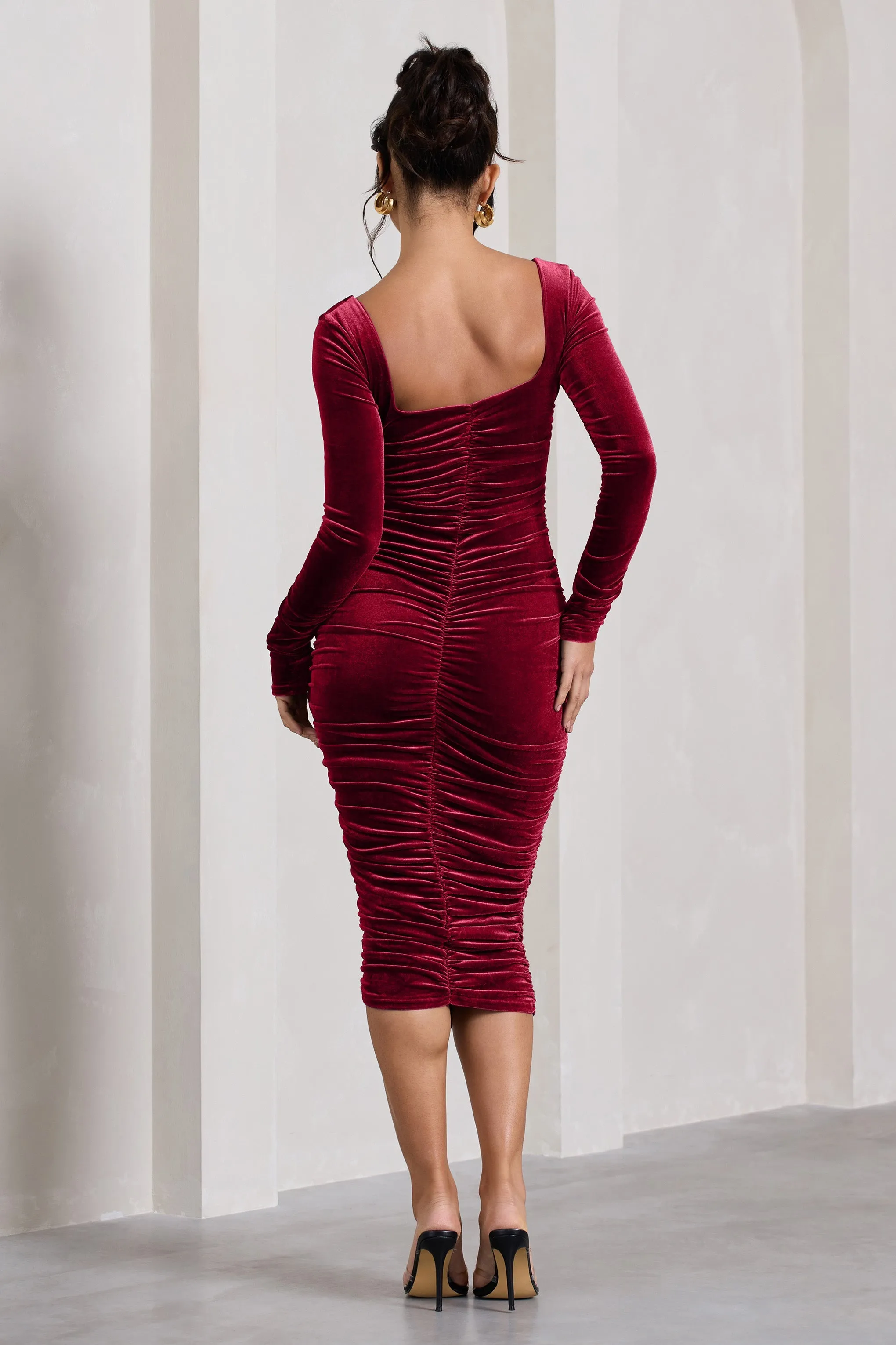 Seductress | Berry Velvet Square Neck Bodycon Midi Dress With Long Sleeves