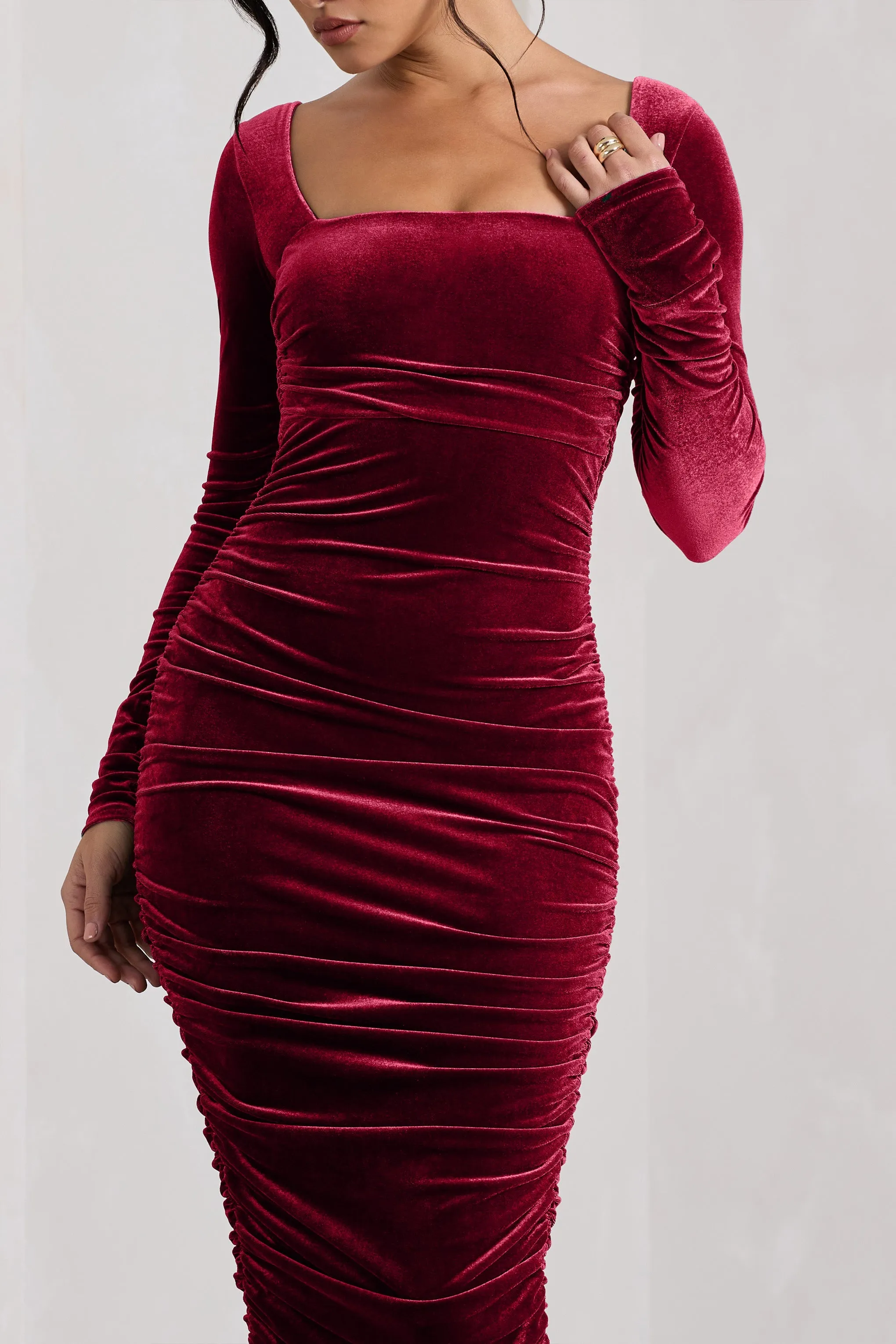 Seductress | Berry Velvet Square Neck Bodycon Midi Dress With Long Sleeves