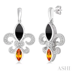 Silver Fleur De Lis Onyx, Citrine & Diamond, New Orleans Saints Earrings