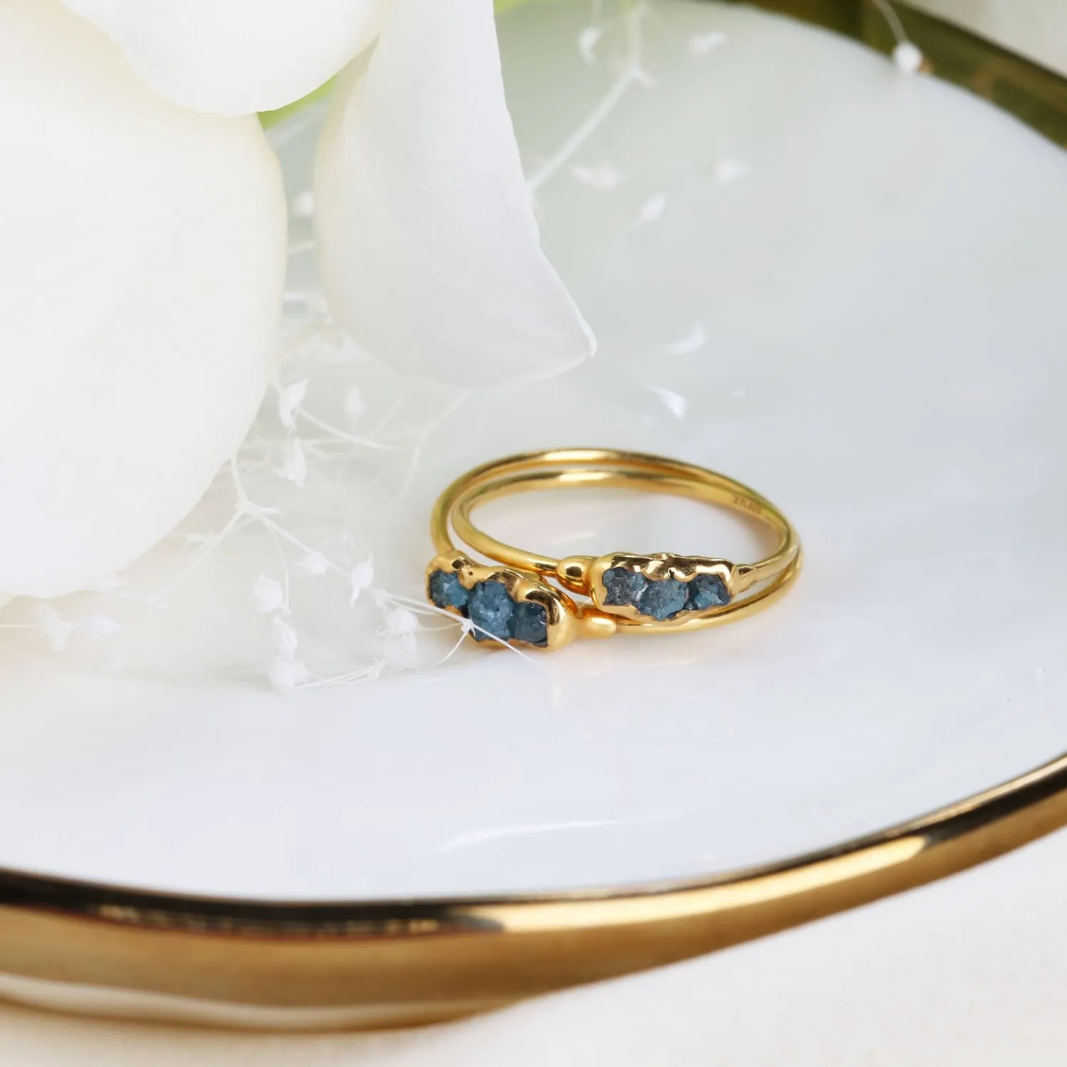 Three Stone Raw Blue Diamond Ring