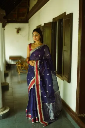 Utsav Blue silk cotton silver Zari Chanderi Saree