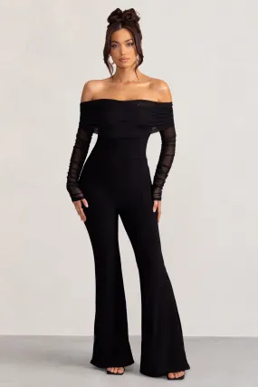 Whisper | Black Ruched Mesh Bardot Jumpsuit