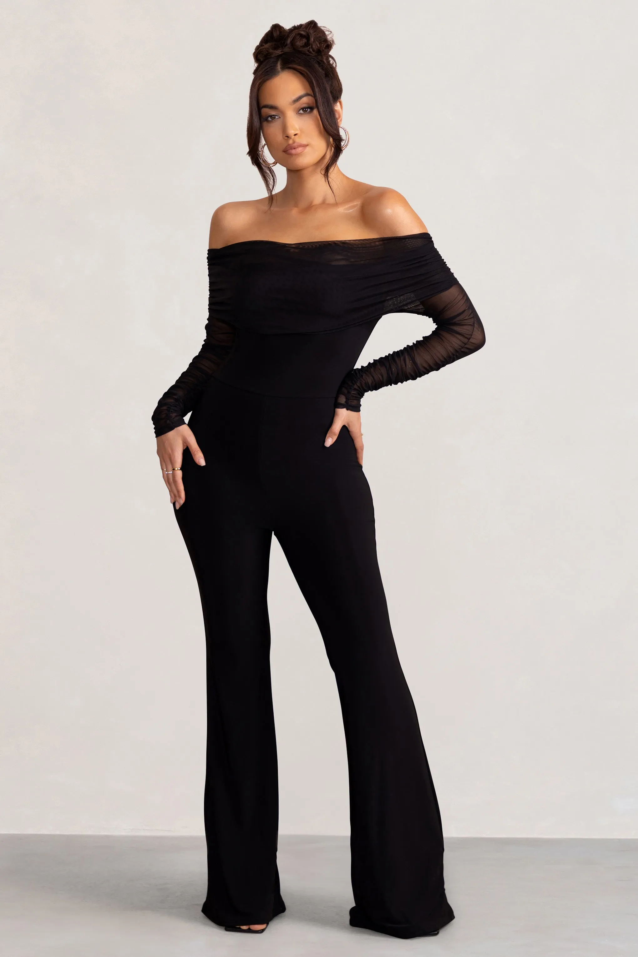 Whisper | Black Ruched Mesh Bardot Jumpsuit