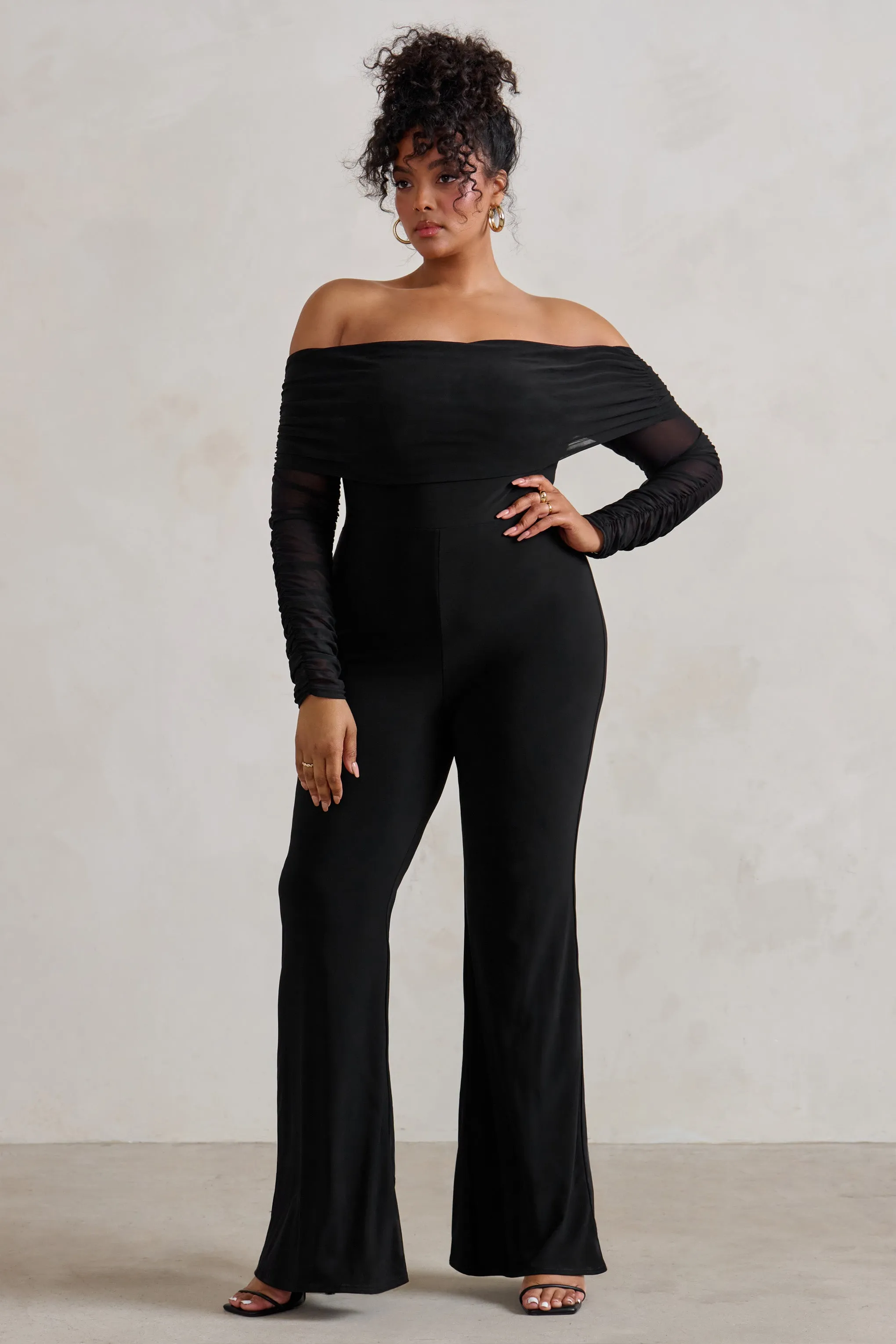 Whisper | Black Ruched Mesh Bardot Jumpsuit