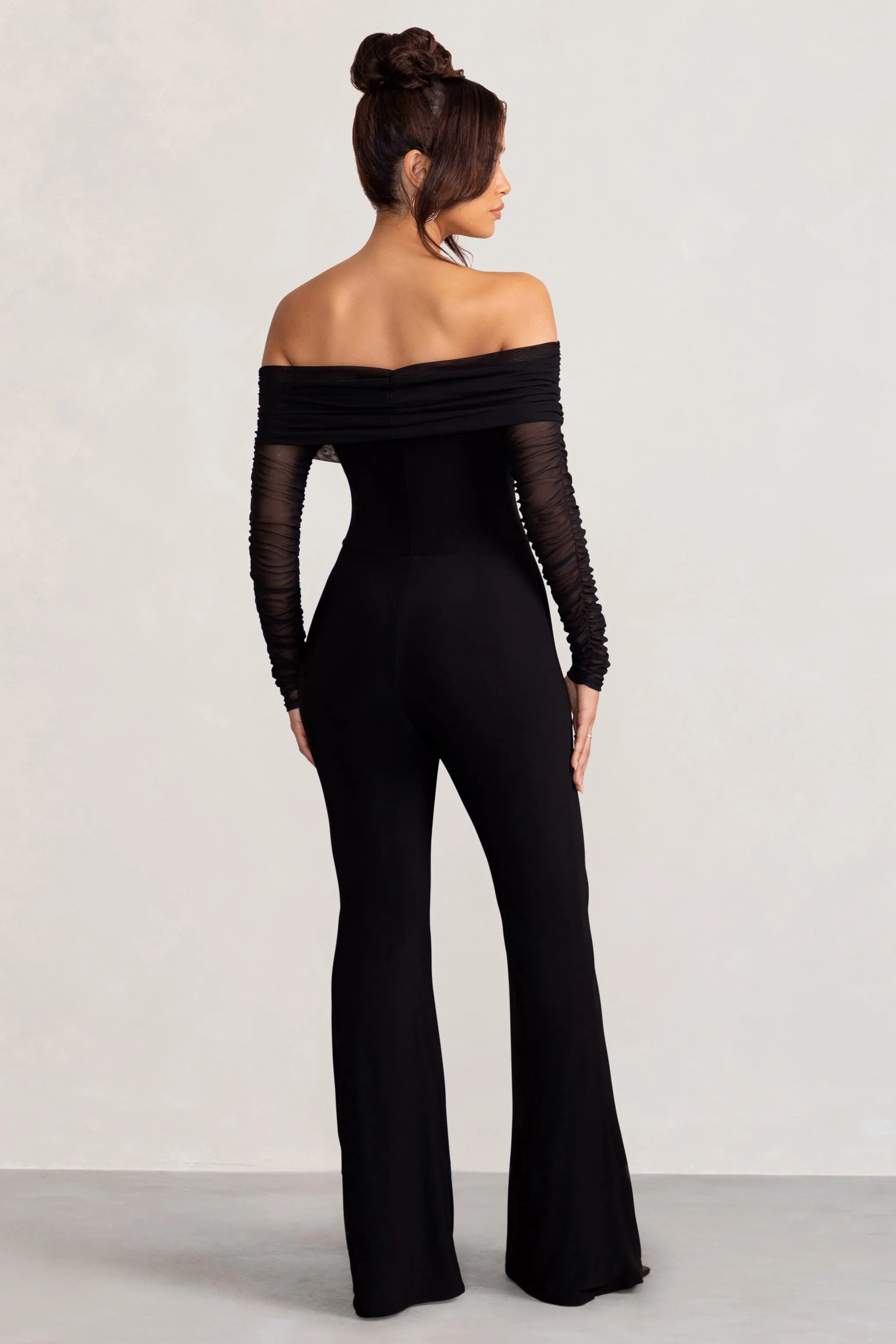 Whisper | Black Ruched Mesh Bardot Jumpsuit