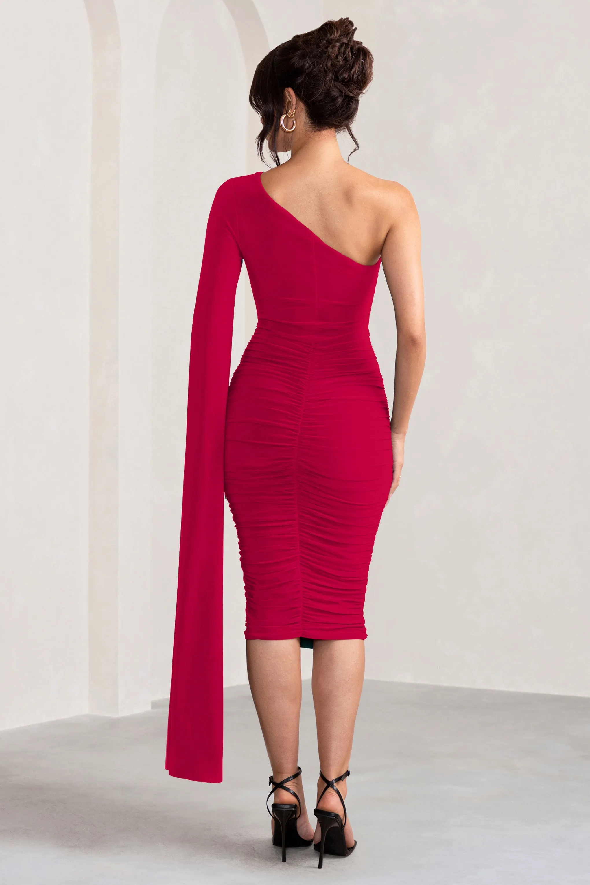 Yara | Red One Shoulder Cape Ruched Midi Dress