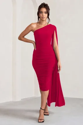 Yara | Red One Shoulder Cape Ruched Midi Dress