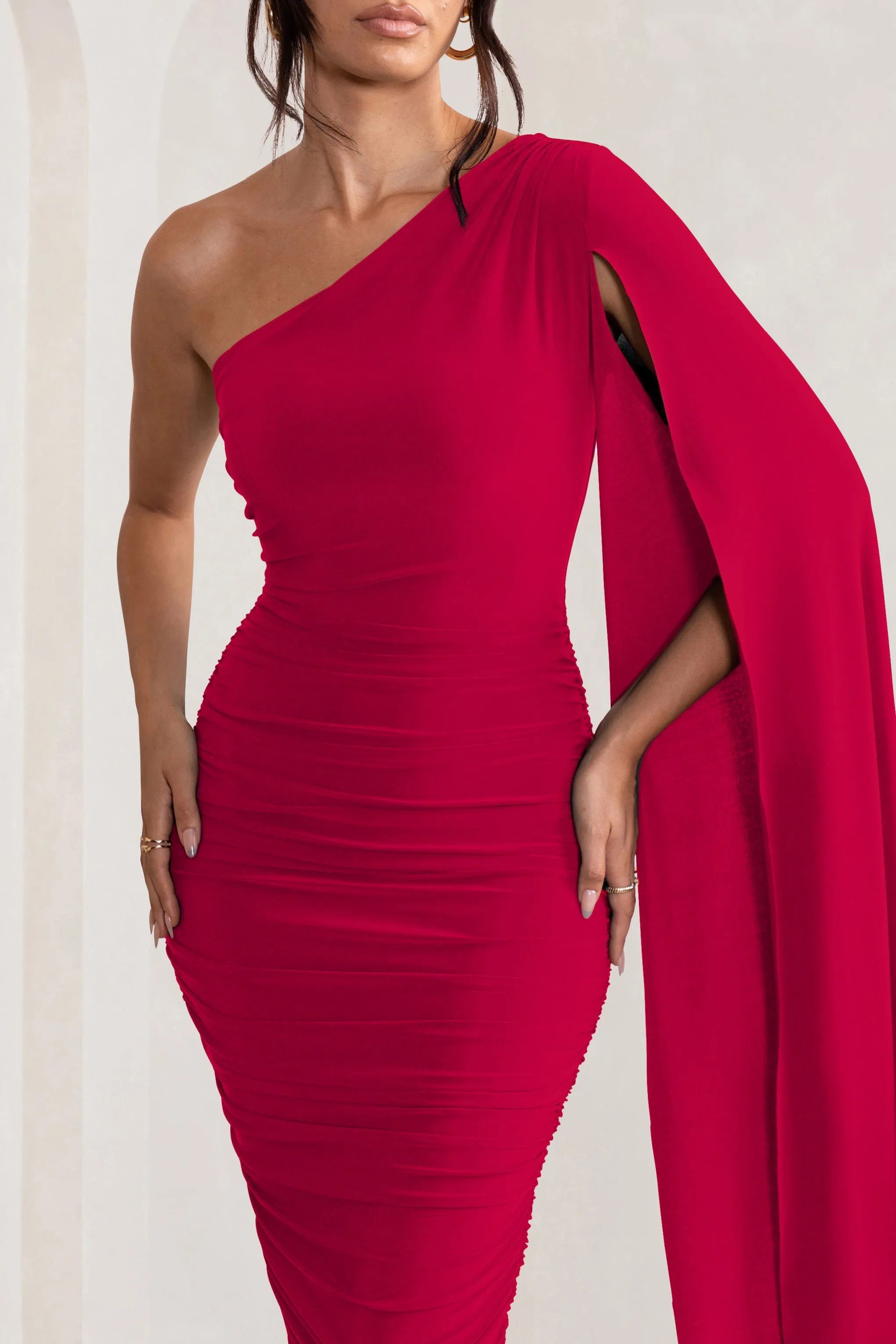 Yara | Red One Shoulder Cape Ruched Midi Dress