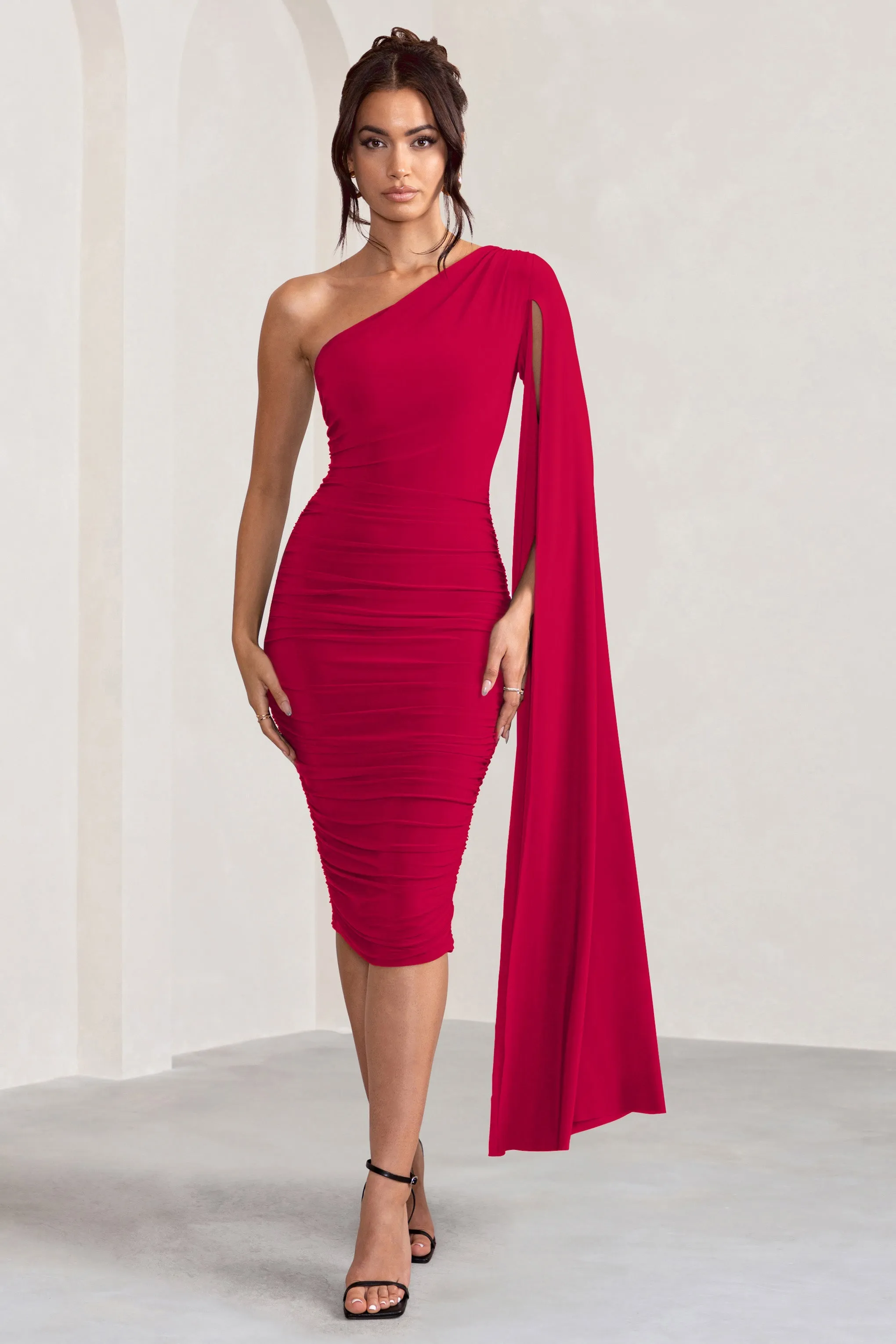 Yara | Red One Shoulder Cape Ruched Midi Dress