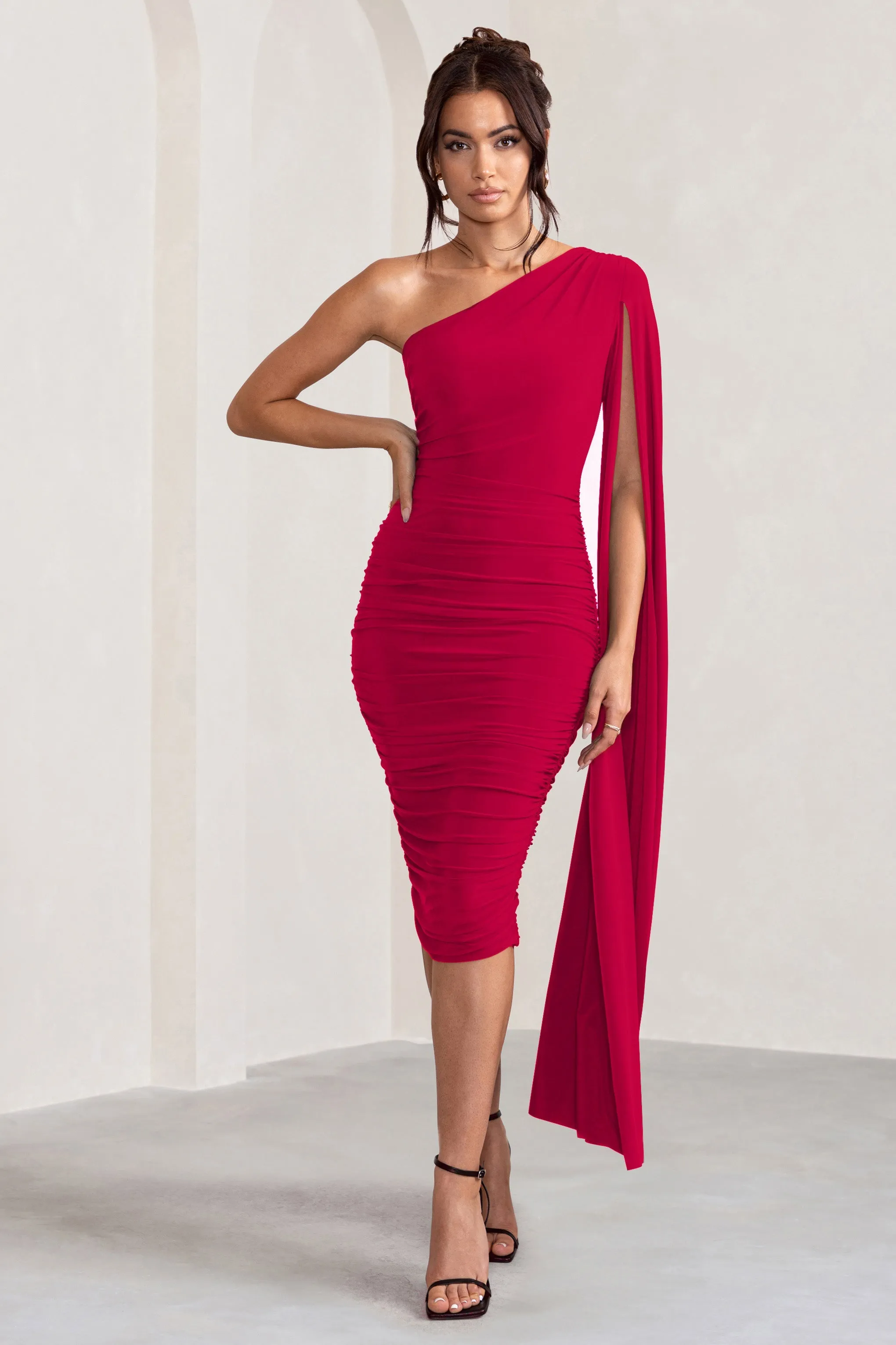 Yara | Red One Shoulder Cape Ruched Midi Dress